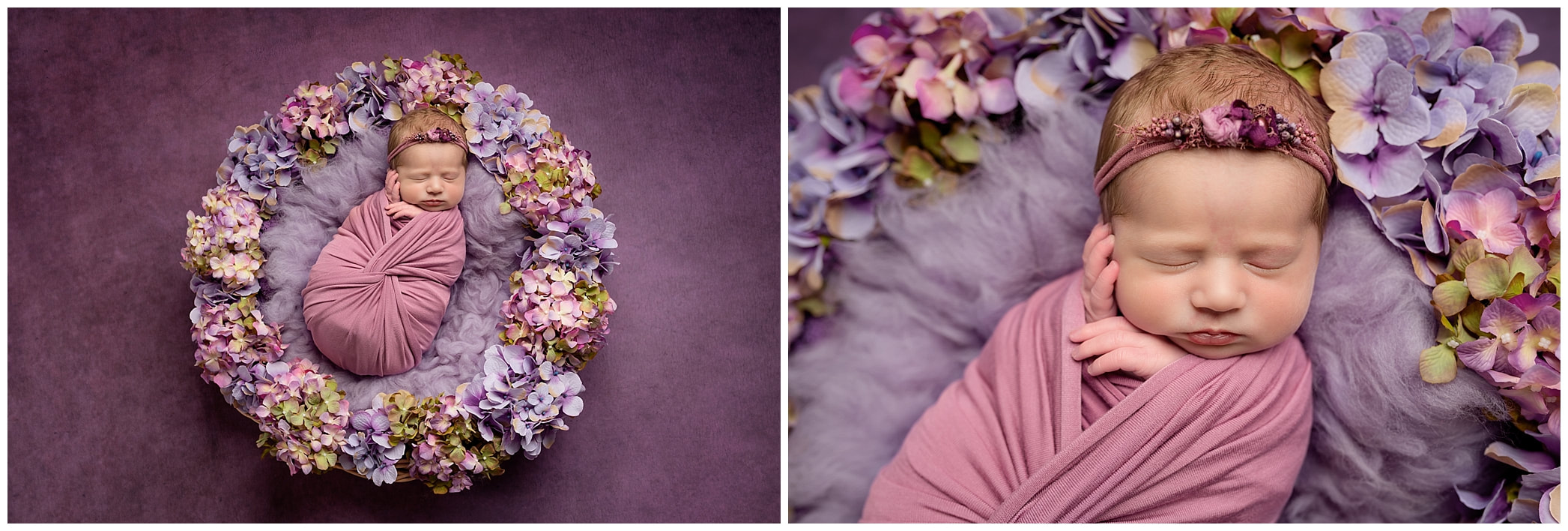 Baby in floral basket mauve and pink by newborn photographer Lynne Harper