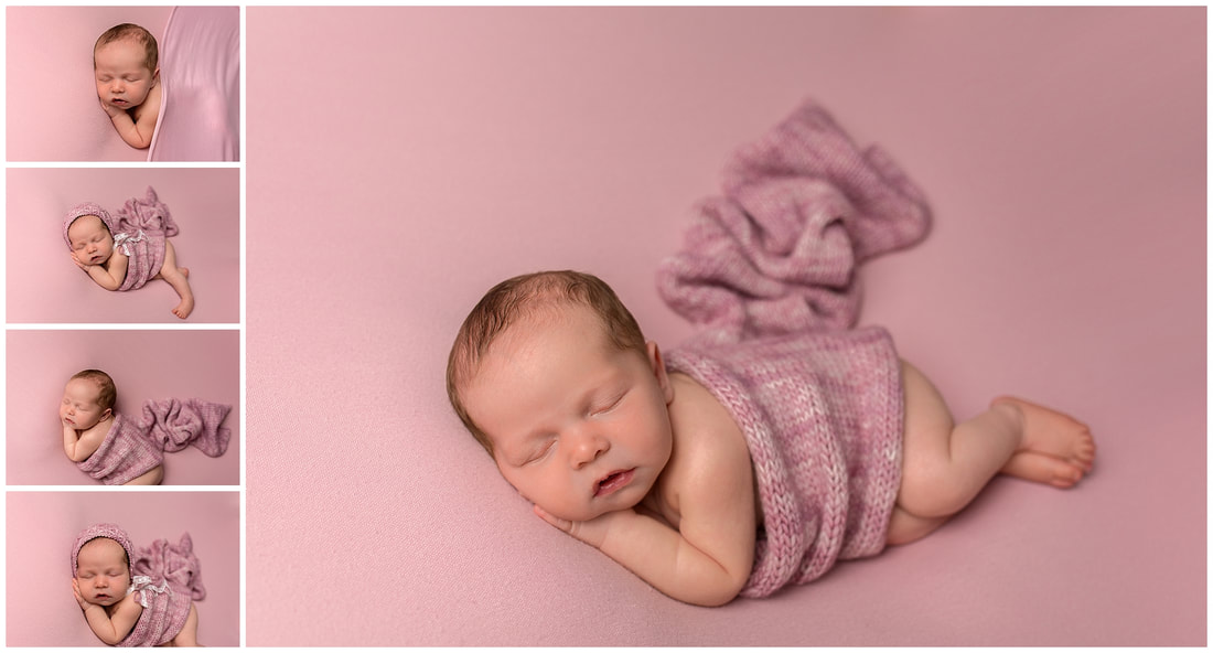 Beanbag side pose of newborn girl on pink blanket by Lynne Harper Photography