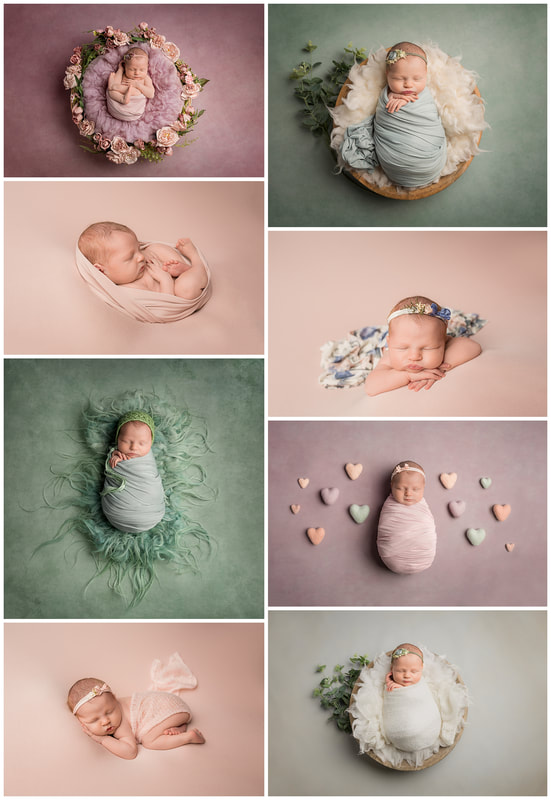 baby girl posed newborn photography collage by lynne harper