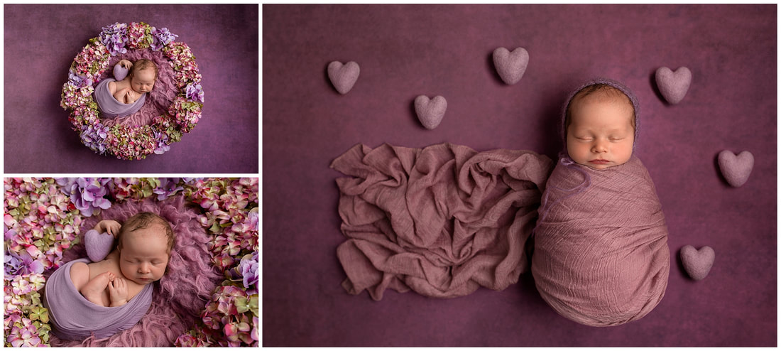 Purple floral and heart images of baby girl by Lynne Harper Photography