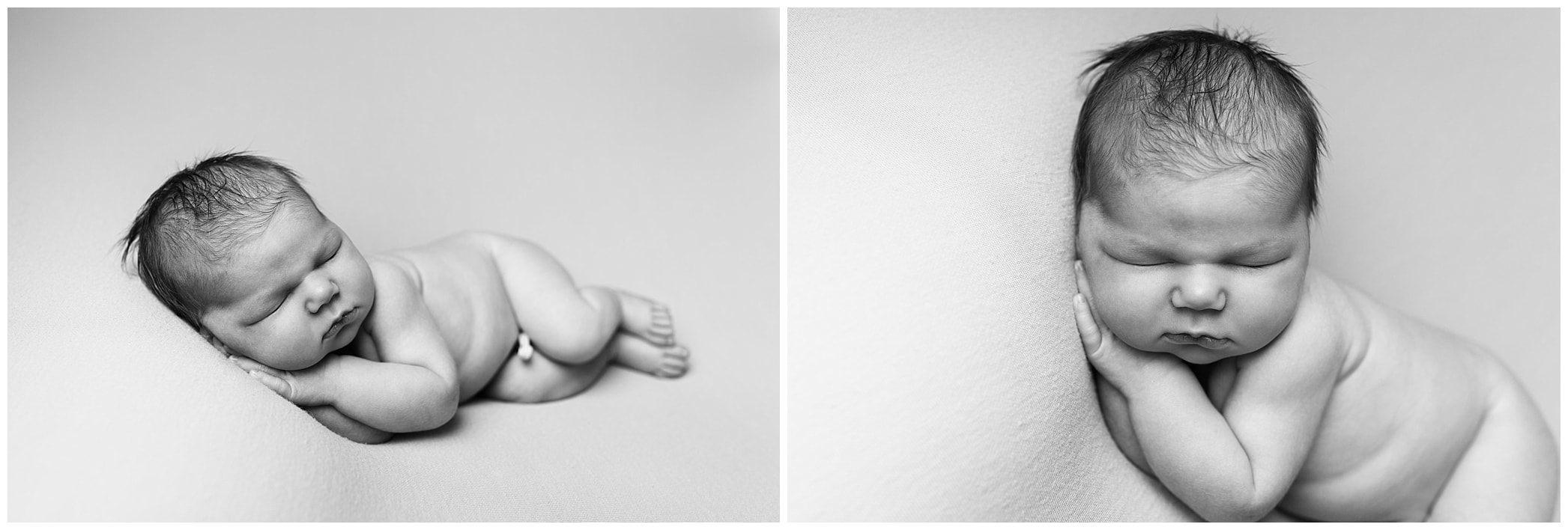 Black and white image of newborn baby in side pose