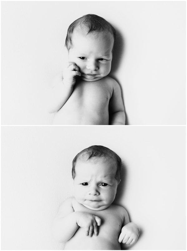 Funny black and white outtake images by Lynne Harper of newborn girl pulling faces
