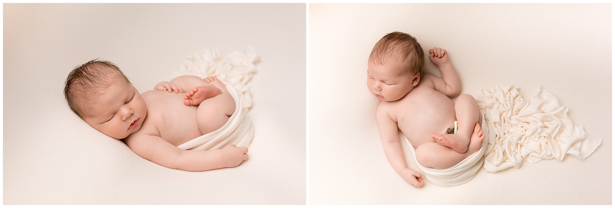 Newborn girl in cream beanbag poses