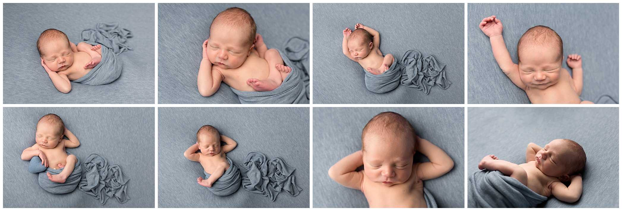 Collage of relaxed newborn posing on blue blanket on beanbag