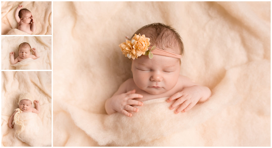 8 day old baby girl in relaxed pose in peach fluff
