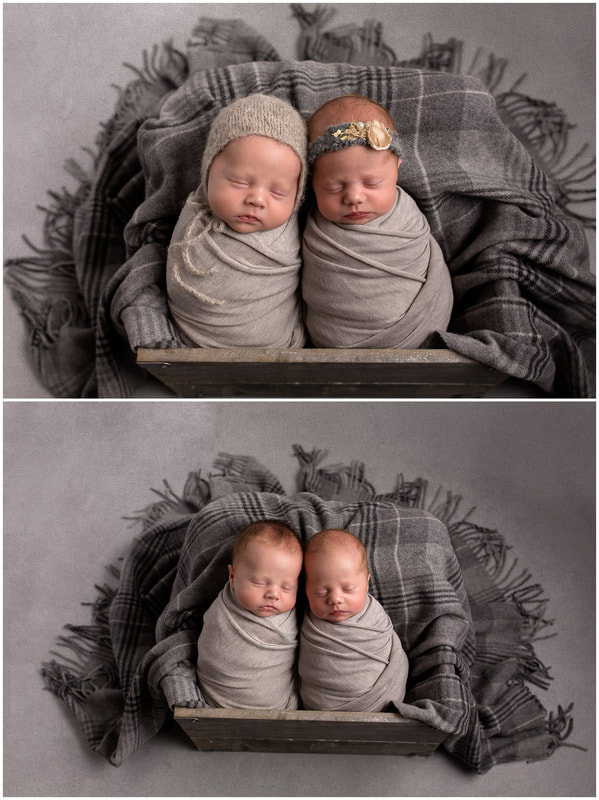 Twin babies posed by Lynne Harper wrapped in grey