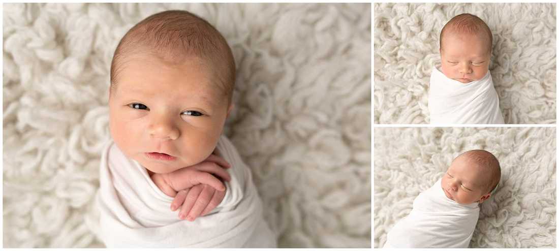 Collage of newborn baby wrapped in white on cream flokati rug posed by Lynne Harper photography in Kilmarnock Ayrshire