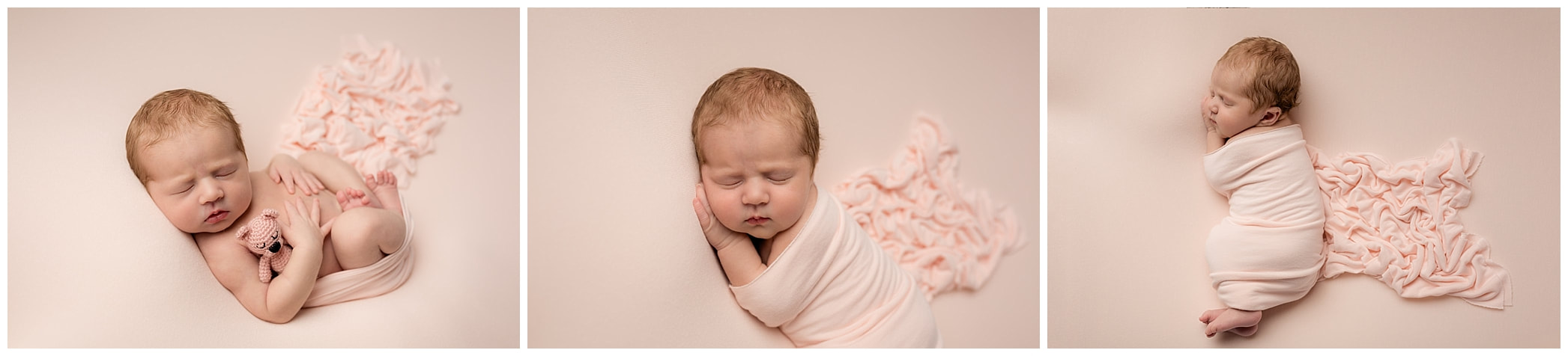 Beanbag poses of baby girl on pink blanket