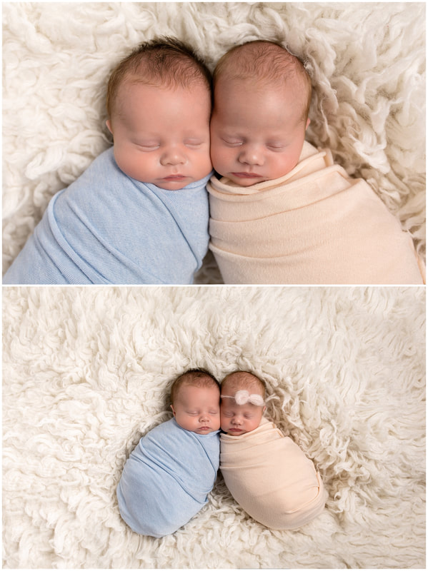 Twins photographed by Lynne Harper wrapped in pink and blue