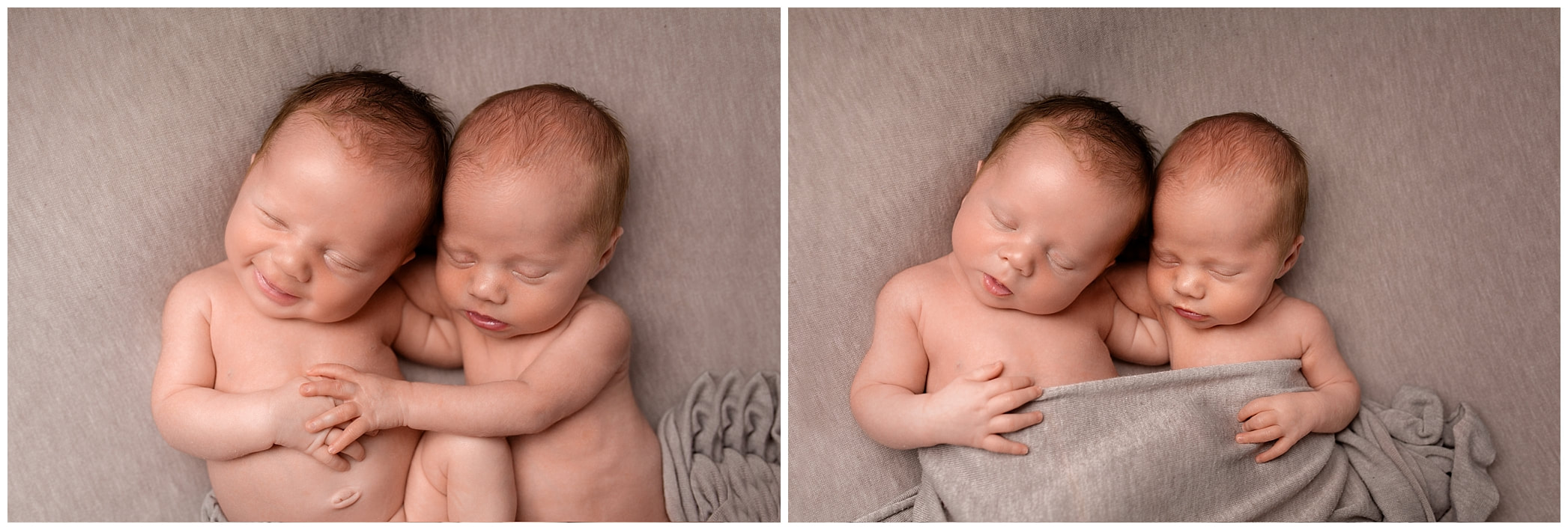 Twin babies on grey blanket posed by Lynne Harper Photography