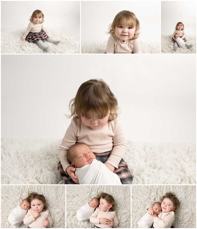 Example Pictures of sibling images. Two year old girl with baby brother in studio in Kilmarnock