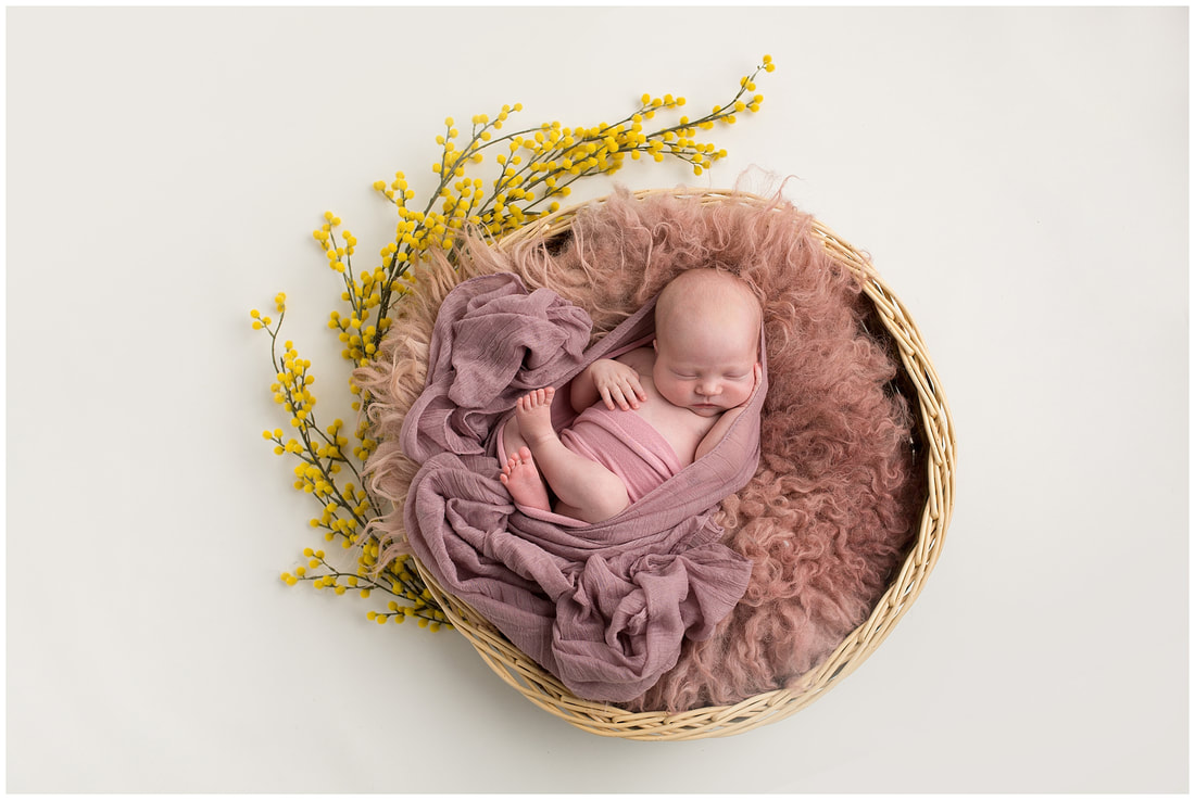 SOOC picture of newborn baby girl in pink basket set-up